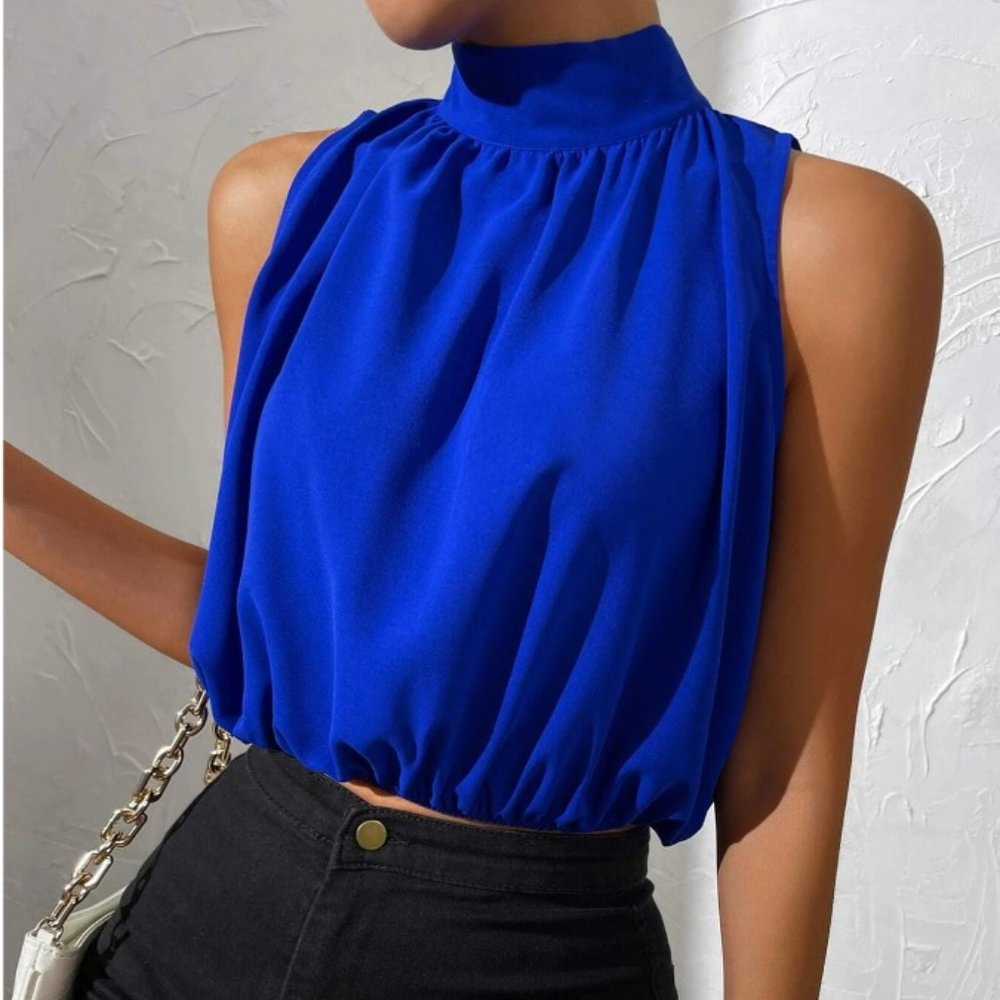 SHEIN Royal Blue Tie Back Solid Sleeveless Blouse